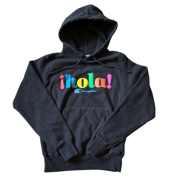 Champion Reverse Weave Hola! Hoodie Sweatshirt Pullover Black Spanish Thick XS - Picture 1 of 7
